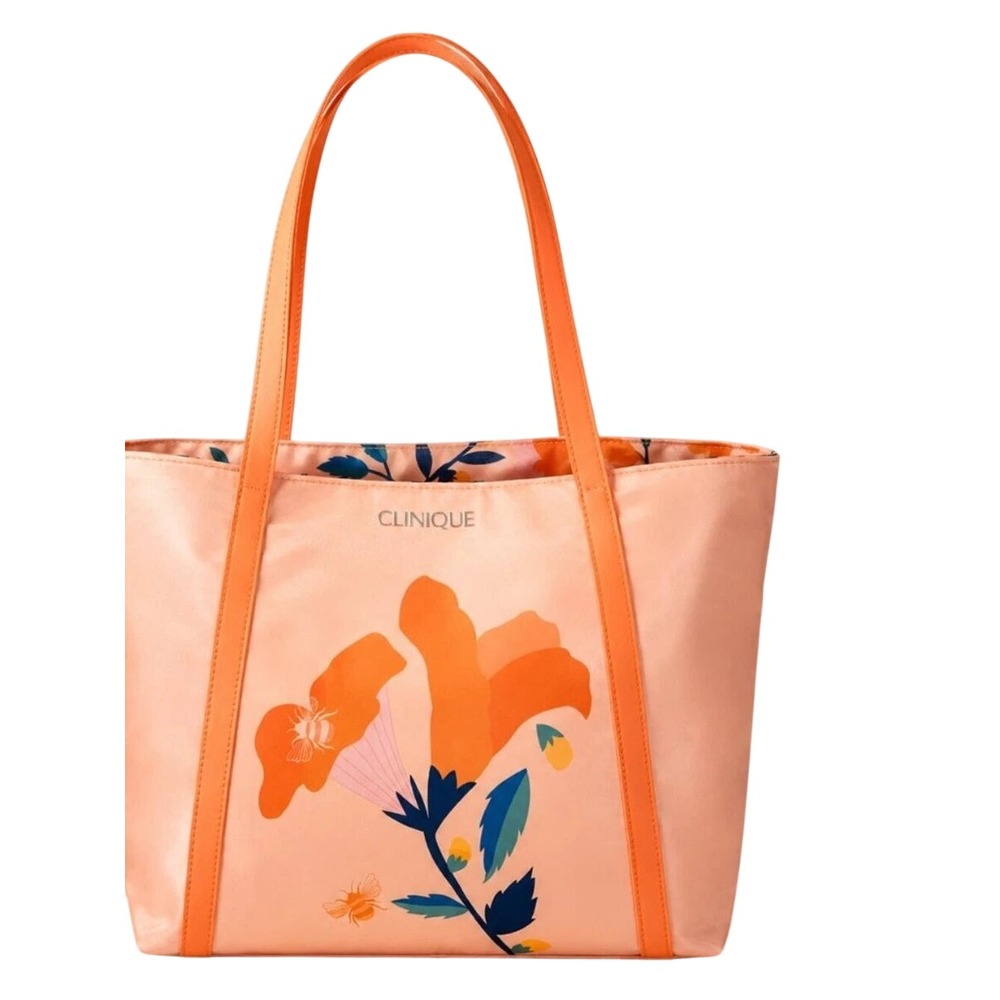 (A4) Clinique Peach Floral Nylon Tote Bag Cosmetic Pouch Set Orange Bee Print